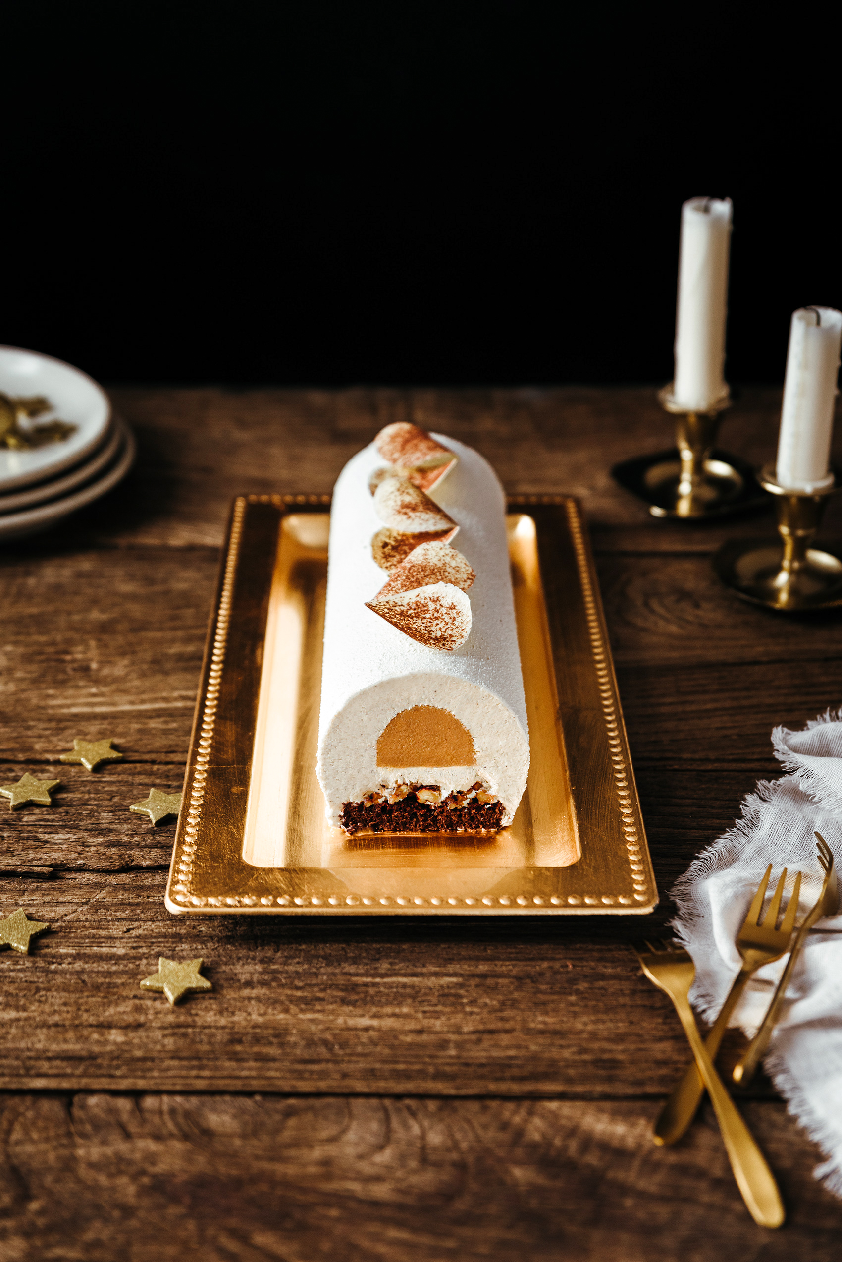 B&ucirc;che no&euml;l mousse vanille chocolat blanc caramel - Lilie Bakery